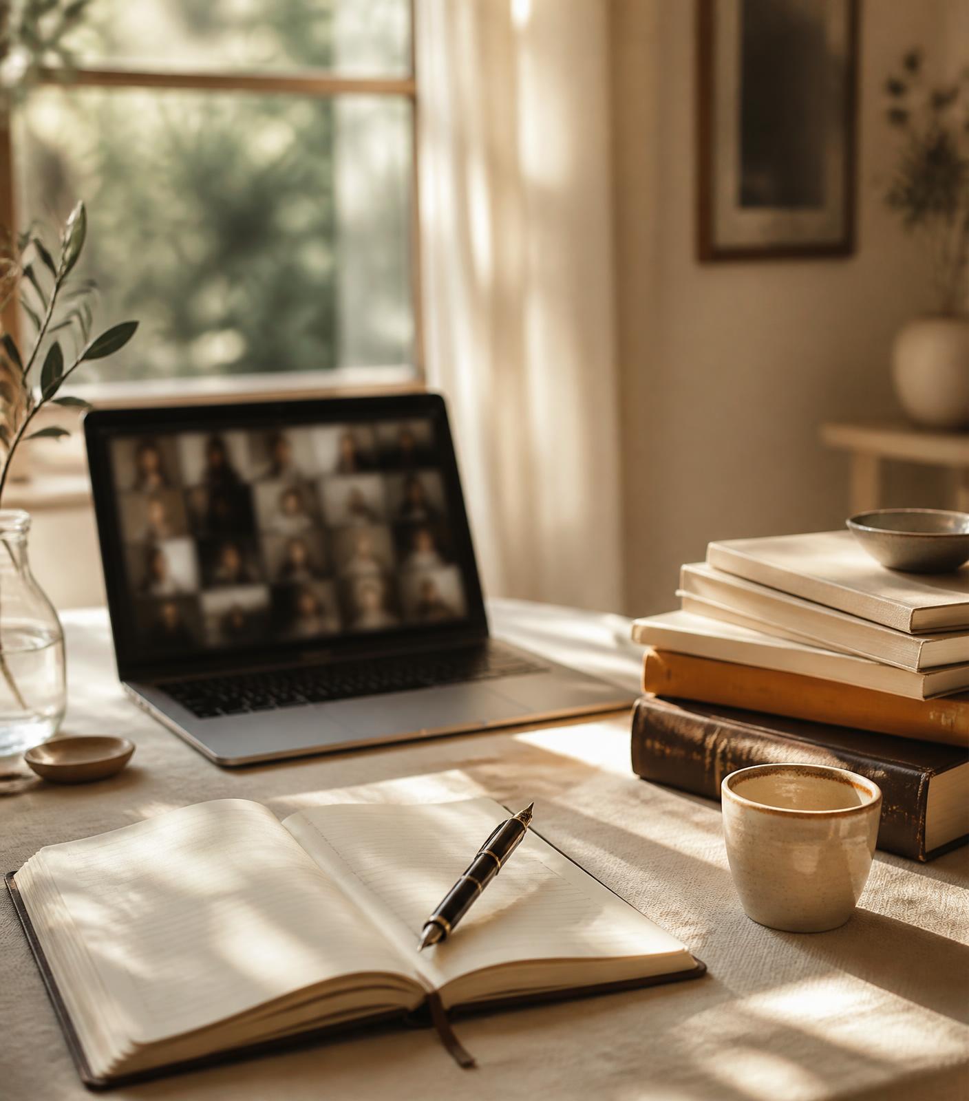 A calm home study setup with an open notebook, textbooks and an online lesson on a laptop